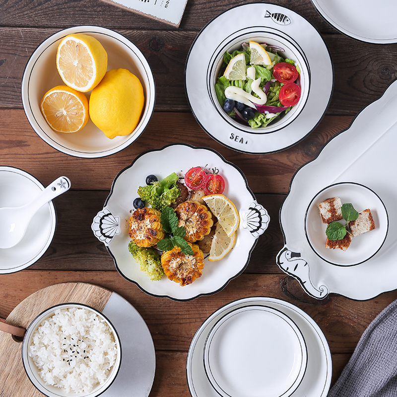Scandinavian Simple Ocean World Ceramic Rice Bowl Noodle Bowl Soup Bowl Dish Plate Fish Plate Flavor Plate Soup Spoon Household Tableware