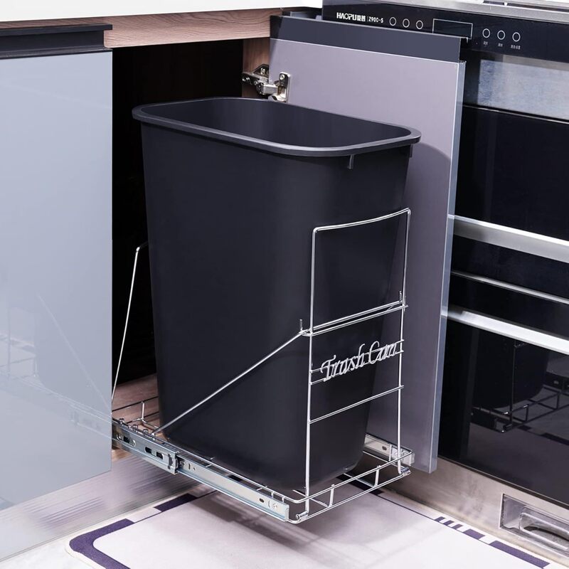 Cross-Border Durable Sliding Trash Can Rack, Kitchen Cabinet Pull-Out Storage Rack, 10-35 Quart Adjustable Size, Chrome Finish Cross-Border Durable Sliding Trash Can Rack, Kitchen Cabinet Pull-Out Storage Rack, 10-35 Quart Adjustable Size, Chrome Finish