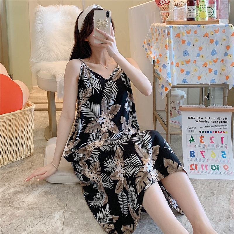 Cotton Silk Nightgown Women's Spring and Summer Thin Cartoon Printed Sling Pajamas Can be Wearable for plus size Students and Pregnant Women's Home Clothes