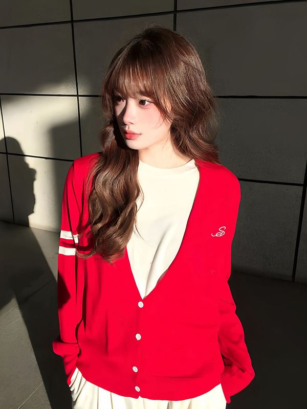 miu系千金风假两件针织开衫女秋季新款红色毛衣外套修身慵懒上衣|undefined