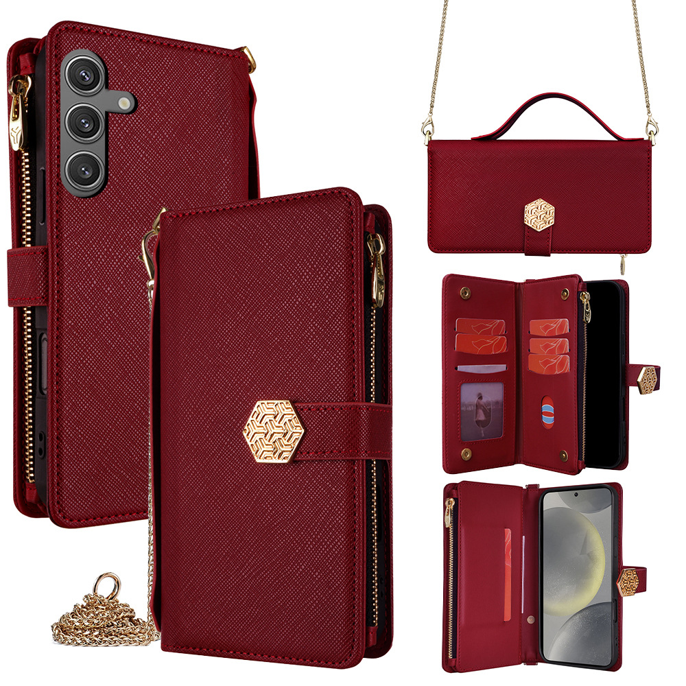 三星S25斜挎手机套Note20Ultra手提钱包S23Ultra十字纹手机壳适用