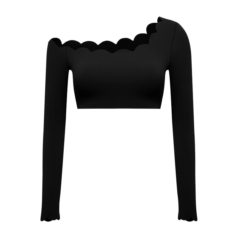 Top deportivo de manga larga para mujer con ribete de encaje, versátil, con hombros descubiertos, transpirable y acolchado, ideal para yoga._voghion.com