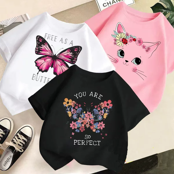 Cross-Border Girls' T-Shirt Short-Sleeved Cotton 2026 New Stylish Summer Top for Girls Cartoon Print Children's Clothing Foreign Trade Trend