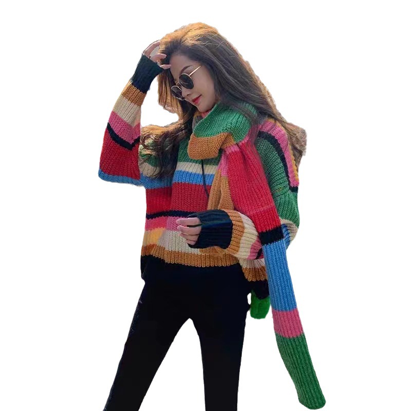 Rainbow Knitted Sweater+Scarf 2024 Autumn/Winter New Loose Stripe Contrast Personalized Women's Outerwear Top_voghion.com