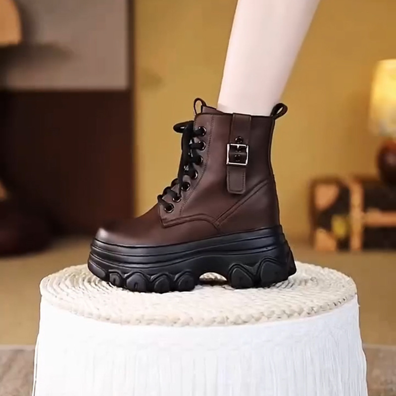 本革8センチのショートブーツの女性の厚い底の秋冬の新型のベルベットのブーツの英倫風の小さい背の内のマーティンの靴|undefined