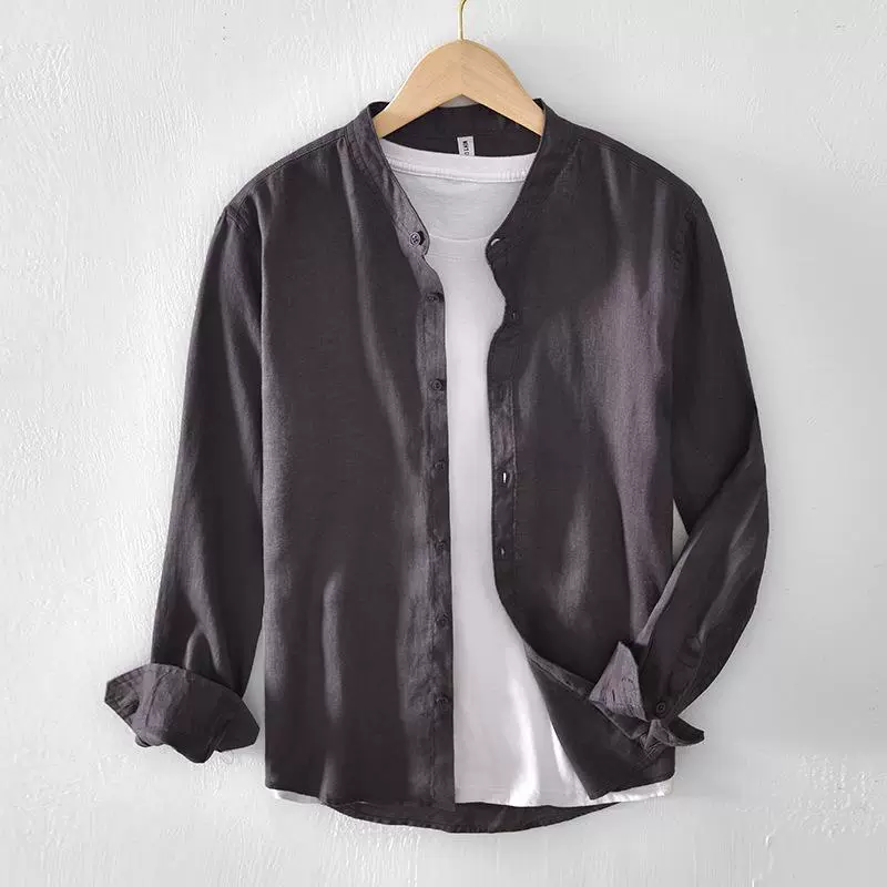 L942 маленькая свежая рубашка с воротником и длинными рукавами Мужская однотонная льняная дышащая рубашка пальто Мужская поколение волос