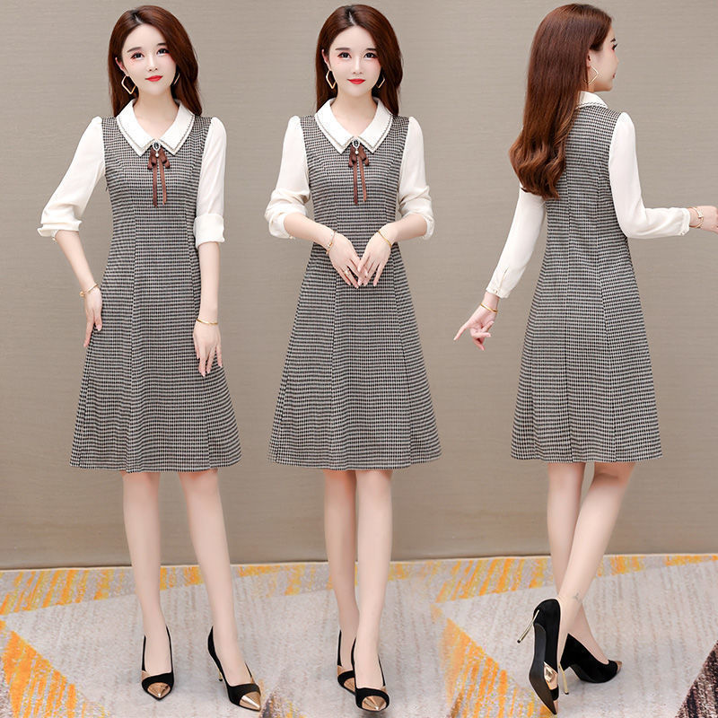 Spliced ​​Skirt, New Style, Doll Collar, Belly-Covering Petite Dress for Women, 2025 Autum Slimming Look Waist, Long Sleeves