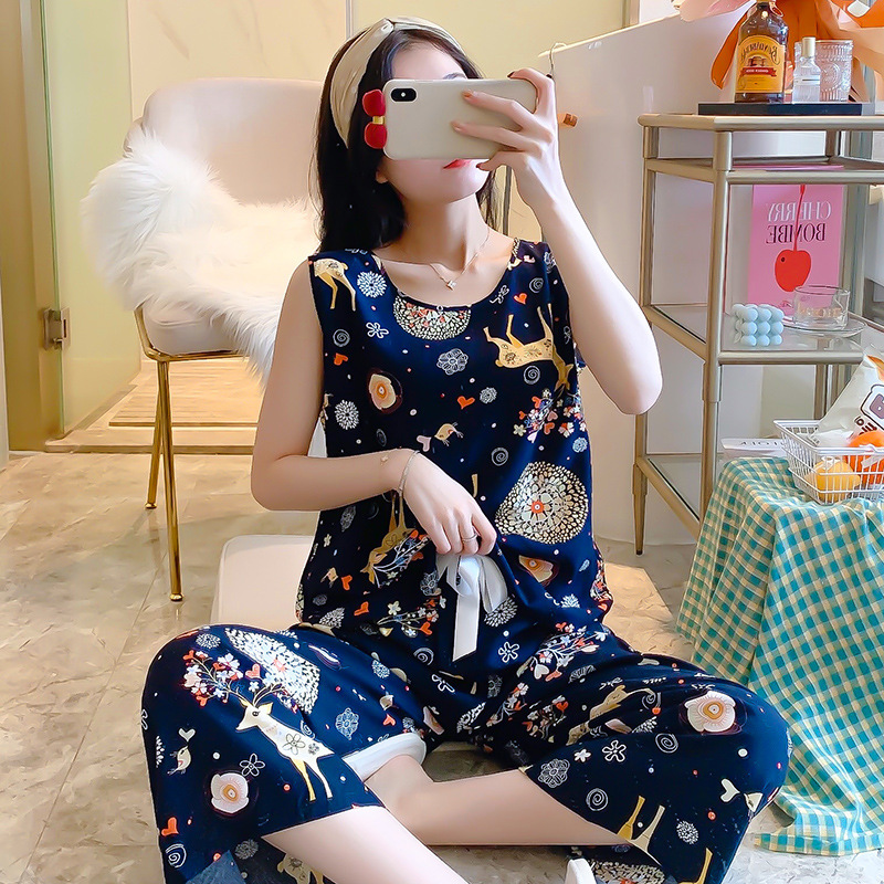 Vest Wide-leg Pants Cotton Silk Pajamas Women's Summer Pants Pajamas Home Clothes Home Wearing Outer Cotton Silk Casual Thin suit