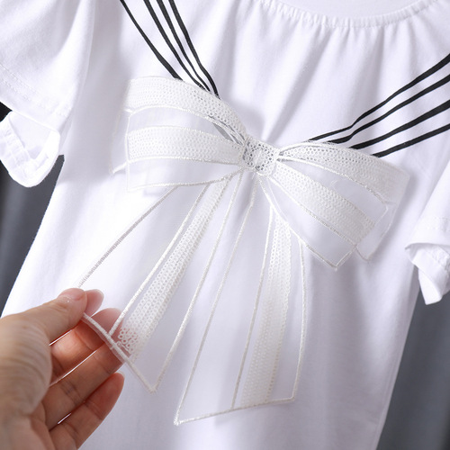 Korean children's clothing girls 2024 summer new style bow mesh short-sleeved tops children's baby girl cotton T-shirt