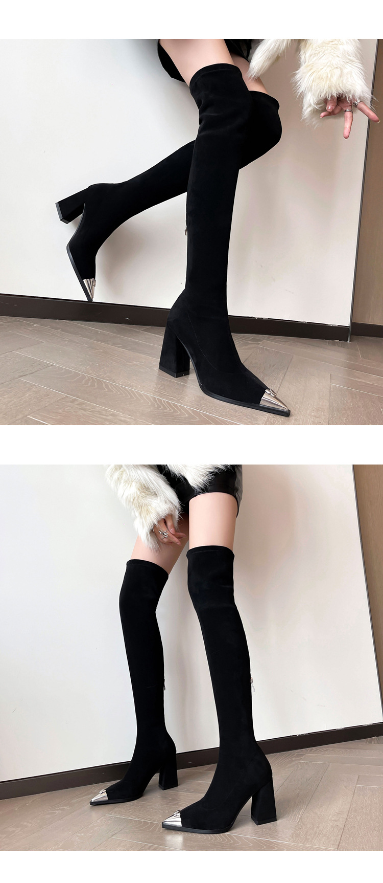 Boot nữ cổ cao quá gối da lộn mũi nhọn kim loại gót 8cm miệng chữ V — Lớp lót da lộn màu đen chi tiết 16