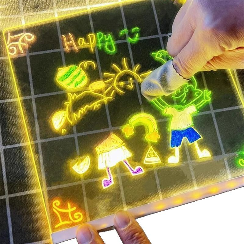 Tablero de dibujo luminoso para niños pintado a mano, tablero de dibujo de aprendizaje luminoso acrílico transparente de bricolaje borrable con brocha de soporte