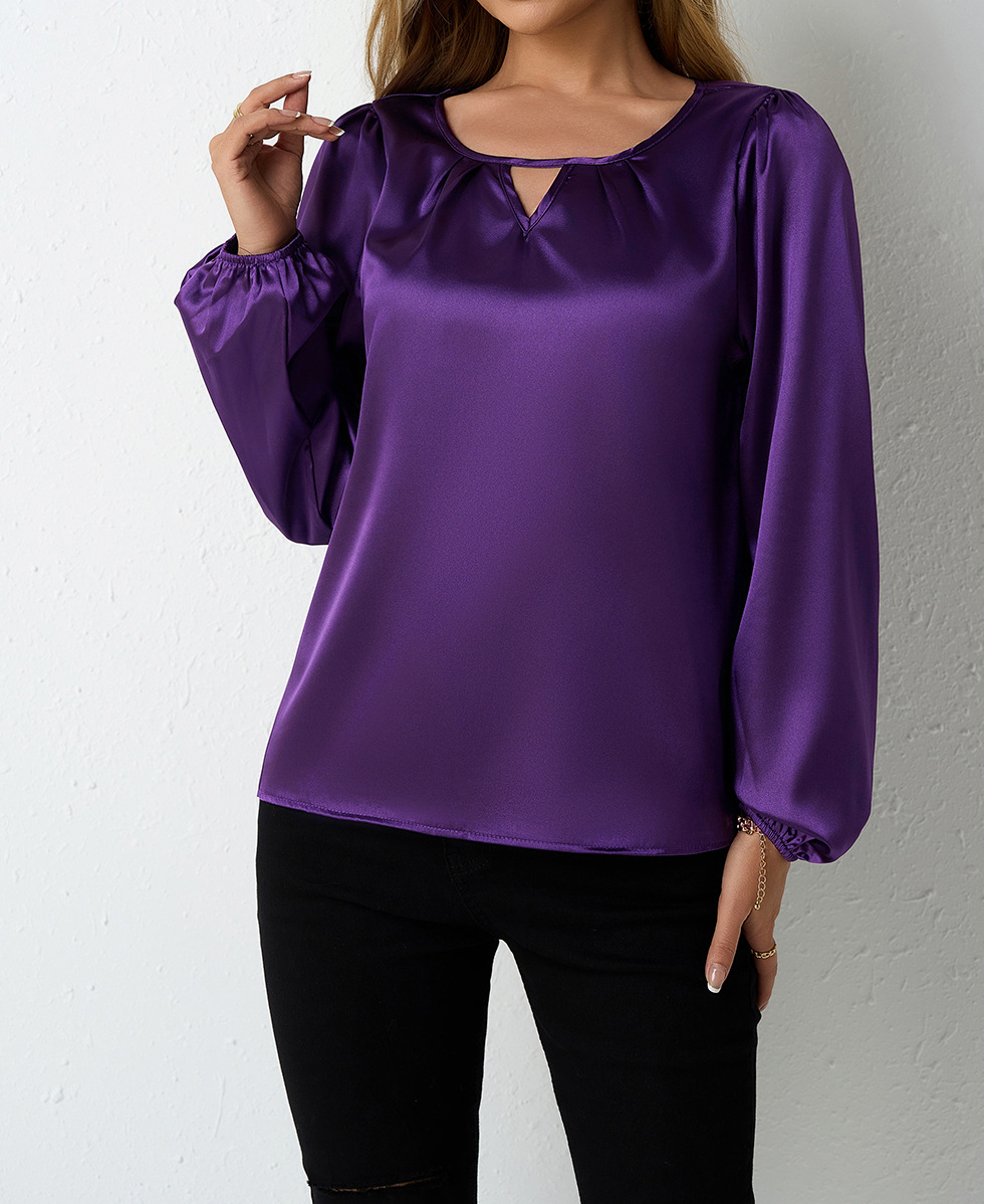 Satinbluse Damen Langarm Elegante Faltenbluse Oberteil_voghion.com