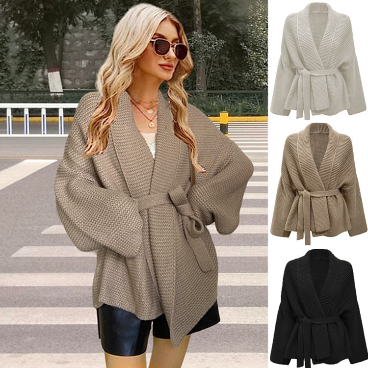 Cross-border autumn and winter Amazon V-neck European and American women's foreign trade knitted lace-up cardigan cross-border Women's loose sweater women Cross-border autumn and winter Amazon V-neck European and American women's foreign trade knitted lace-up cardigan cross-border Women's loose sweater women