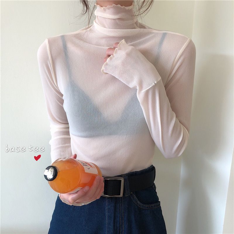 여름용 슬림 하이넥 긴팔 레이스 밑단 셔츠, 얇은 요정 메쉬 탑, 화이트 귀 티셔츠