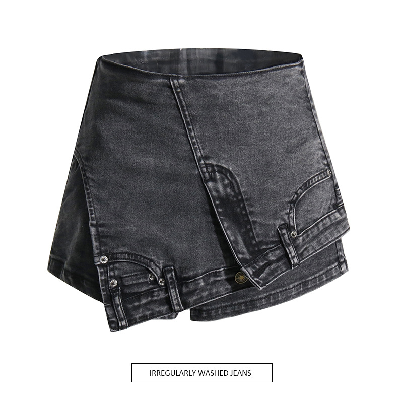 Short en jean taille haute délavé pour femme, extensible, patchwork, ourlet brut, style streetwear_voghion.com