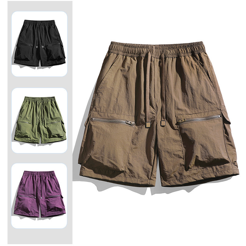 Ice Silk Cargo Shorts Men Summer Thin Mid-Length Loose Multi-Pocket Straight Casual American Quick-Dry Knee-Length Shorts