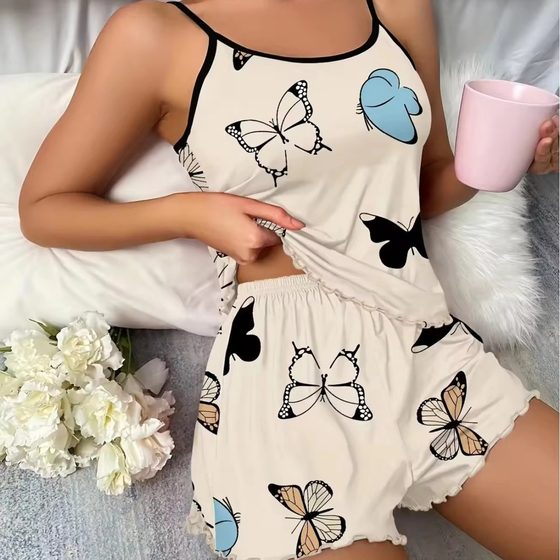 European and American Cross-Border Butterfly Print Suit Top Suspender Shorts Women's Home Pajamas Casual Suspender Print Suit