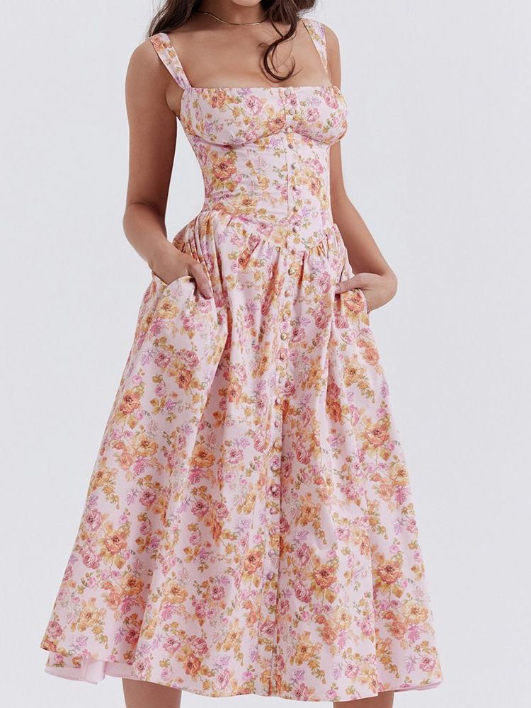 Elegant Camisole Dress With Front Buttons And Lace Trim Detail_voghion.com