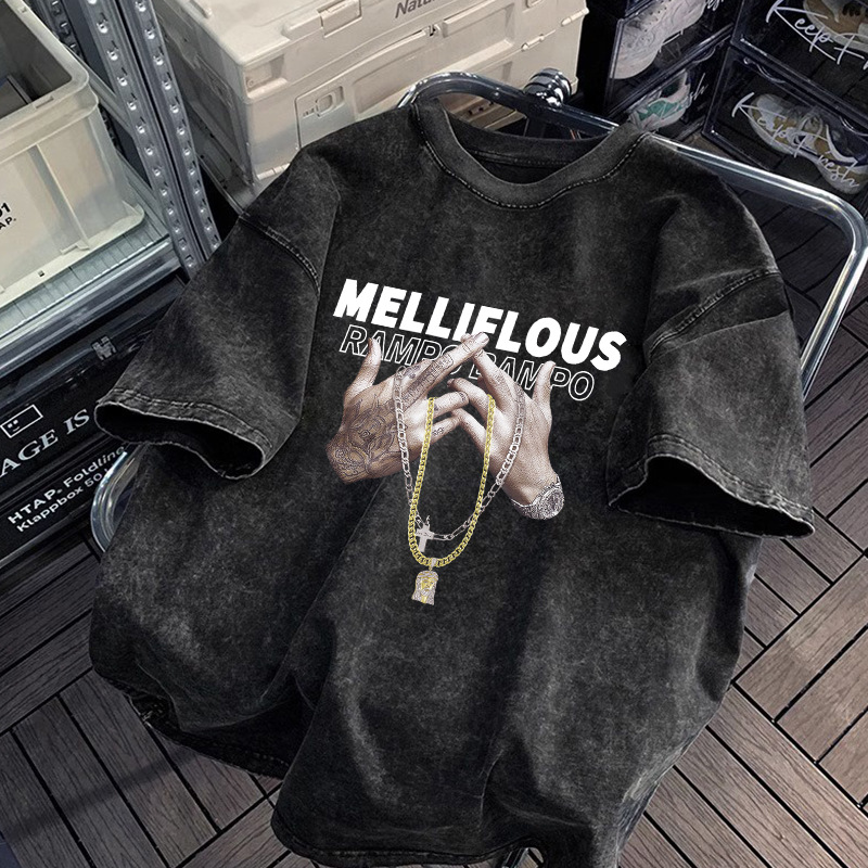 Camiseta de manga corta de algodón puro desgastado lavado retro americano para hombre, camiseta de media manga de marca holgada informal de verano para hombre