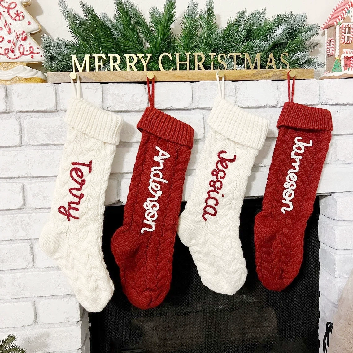 Вышитые вручную имена трикотажные рождественские носки рождественские шерстяные носки детские подарочные сумки трансграничные etsy