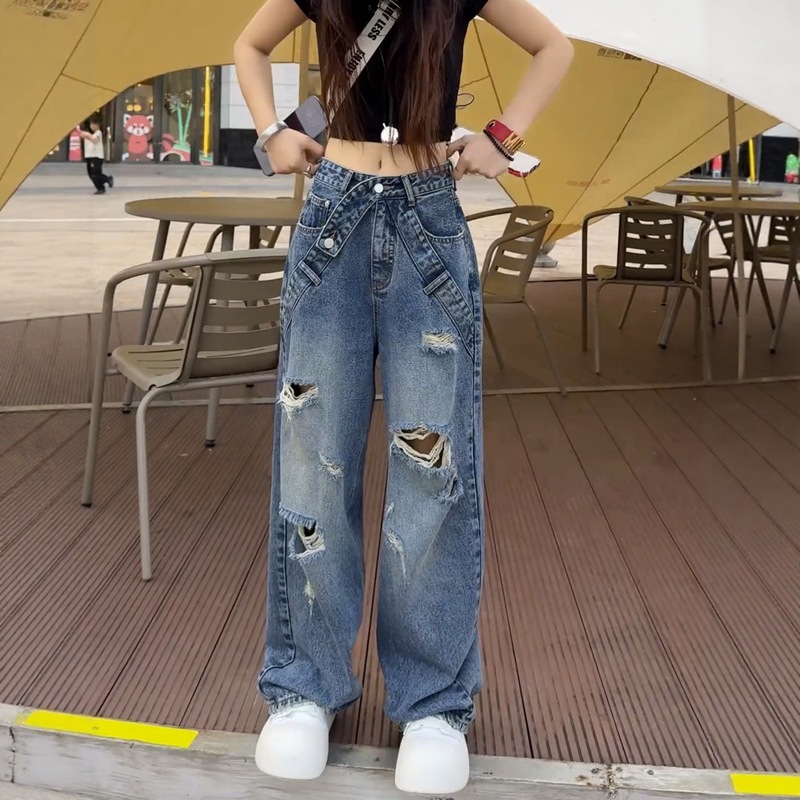 大码破洞阔腿牛仔裤女2025新款复古胖mm显瘦宽松美式直筒弯刀裤子|undefined