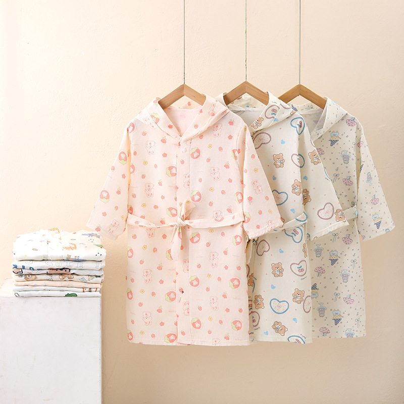 Children's Pure Cotton Gauze Bathrobe, Wearable for Swimming and Bathing, Class a All-Cotton Home Sleepwear, Hooded Bath Towel, Summer Style Children's Pure Cotton Gauze Bathrobe, Wearable for Swimming and Bathing, Class a All-Cotton Home Sleepwear, Hooded Bath Towel, Summer Style