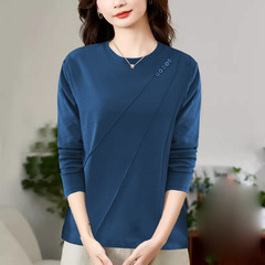 Long-sleeved T-shirt base shirt for women in autumn and winter new round neck button design literary loose top for women