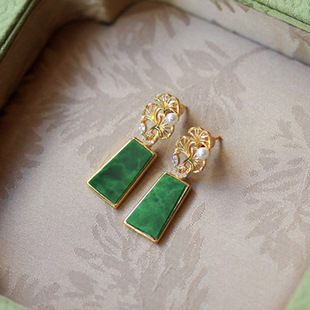 Natural Burmese Bean Green Emerald Earrings s925 Silver Gold-plated New Chinese Style Retro Pearl Earrings Dry Green Earrings