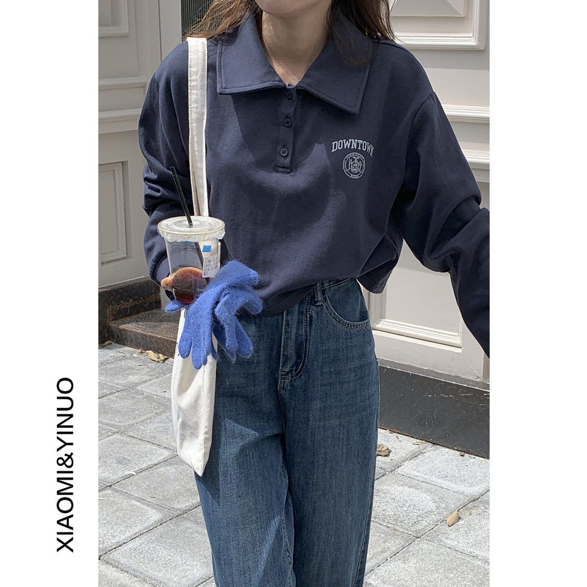 【欧凡】8839印花POLO领休闲长袖卫衣女2022秋新款长袖小个子上衣|ru