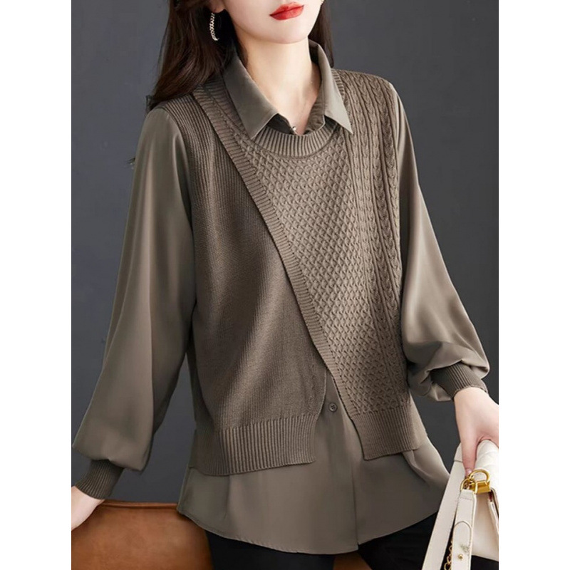 Fake Two-piece Shirt Stitching Sweater Women's Early Autumn 2024 New Design Retro Fashion Chic Base Sweater Fake Two-piece Shirt Stitching Sweater Women's Early Autumn 2024 New Design Retro Fashion Chic Base Sweater