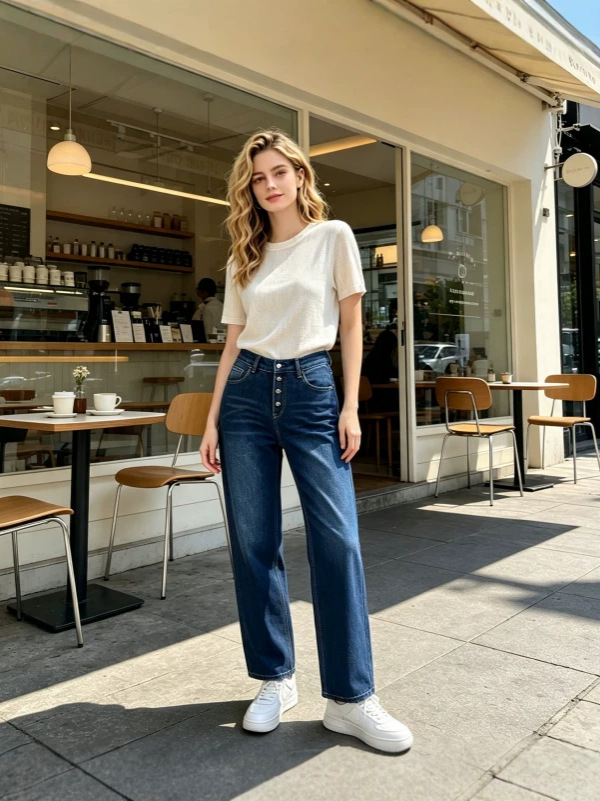 Jeans Rectos de Cintura Alta para Mujer de Mezclilla de Algodón, Sin Elasticidad, Lavado con Agua, para Uso Casual