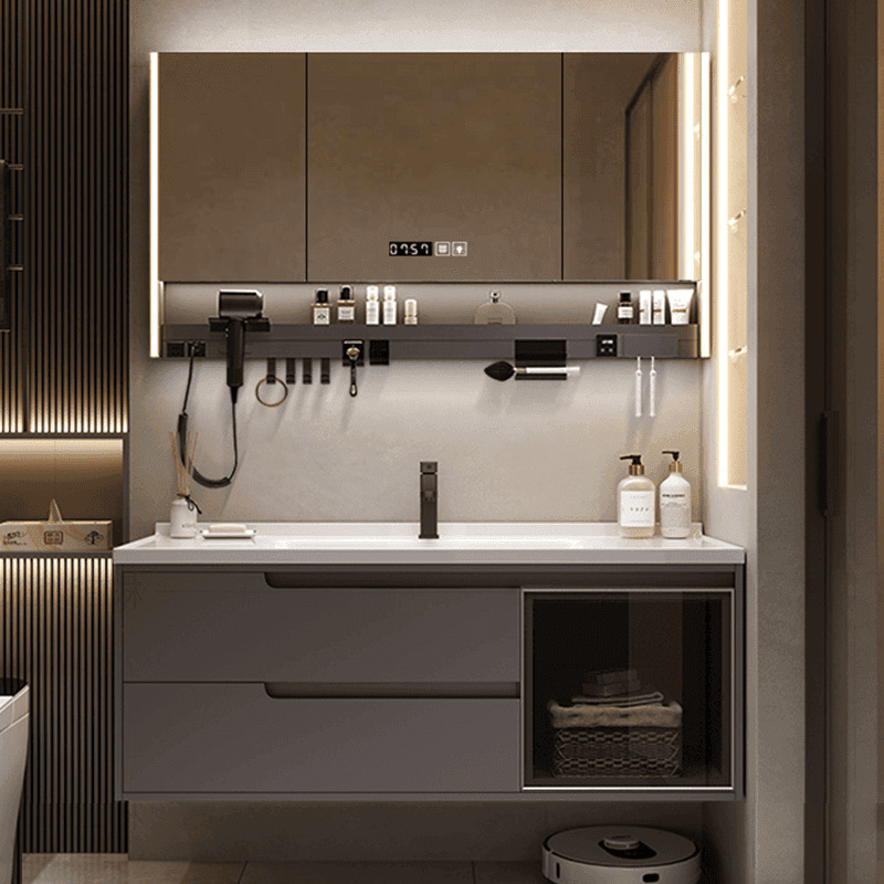 Bathroom Cabinet Washbasin Set with Integrated Ceramic Basin, Bathroom Vanity Countertop, Solid Wood, Modern and Simple
