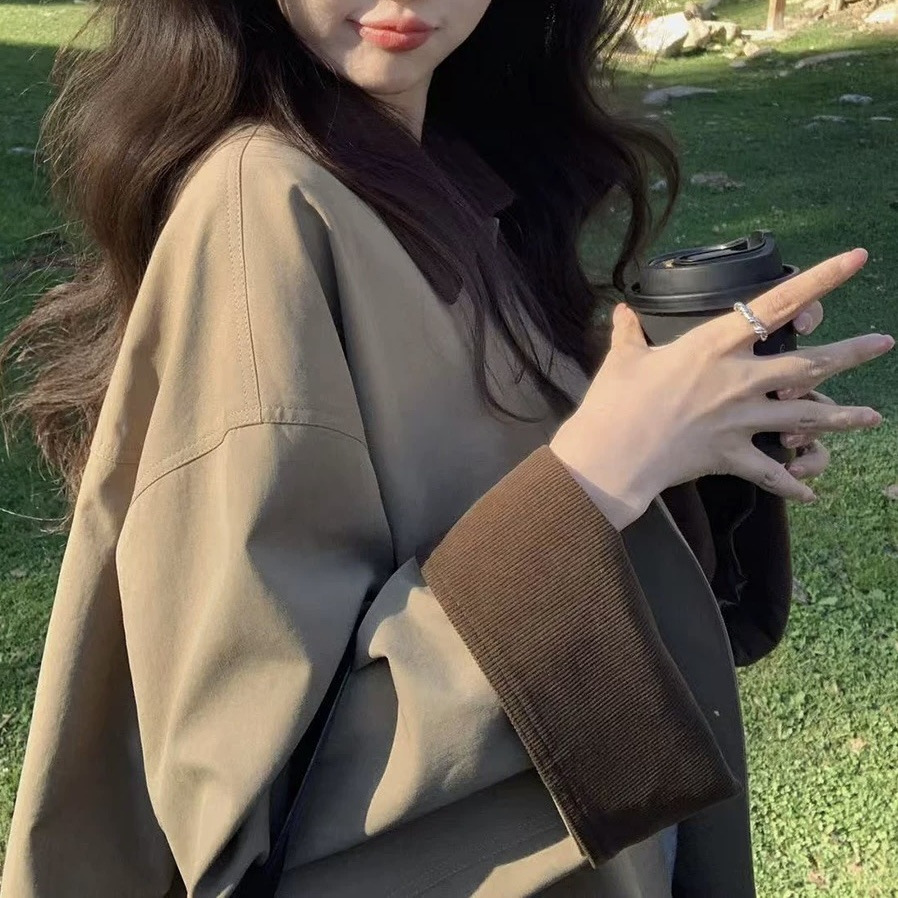 Zhang Beibei 1Ibell Tencel Cotton Corduroy Splicing Workwear Windbreaker Off-Shoulder Retro Single-Breasted Jacket for Women