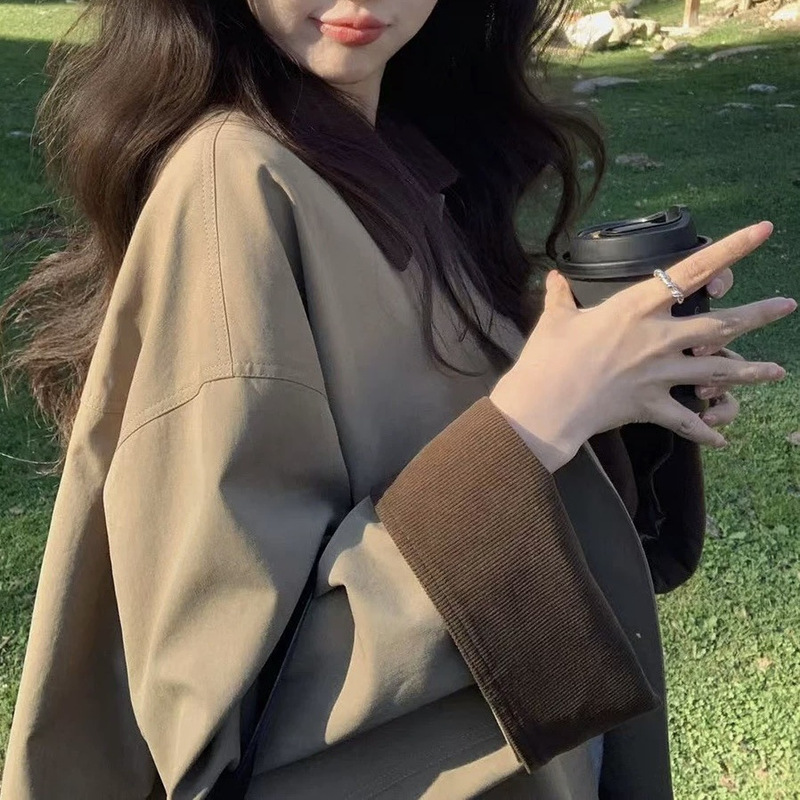 Zhang Beibei 1Ibell Tencel Cotton Corduroy Splicing Workwear Windbreaker Off-Shoulder Retro Single-Breasted Jacket for Women