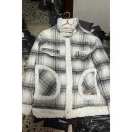 冬季新款棉衣女潮新品韩系格纹加绒加厚宽松羊羔绒外套棉服
