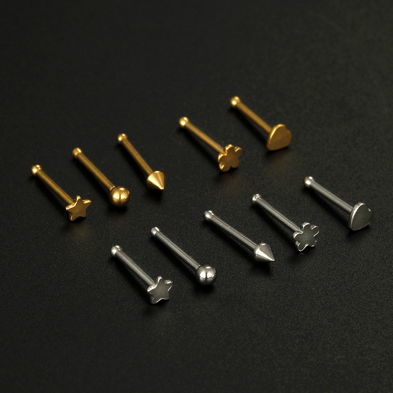 PVD Coated Gold Plating Process K Gold Plated Plating Material Fashion Star Heart Shape Flower Stainless Steel Plating Nose Studs Nose Pin