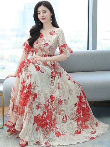 Summer Short Sleeve Printed Women's Skirt Elegant and Refined Long Dress Slimming Waist Refined Goddess Style Short Sleeve Fairy Skirt Trendy