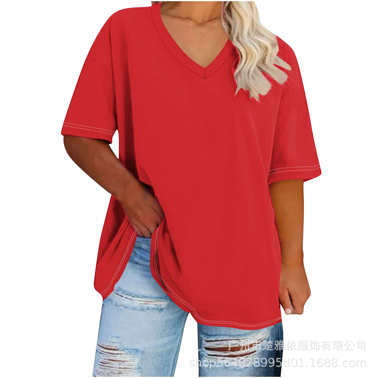 2025跨境欧美女装亚马逊外贸春夏新款色宽松半袖V领女上衣