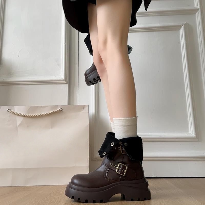 英伦风休闲增高马丁靴女2025秋冬新款复古两穿中筒厚底翻折时装靴|undefined