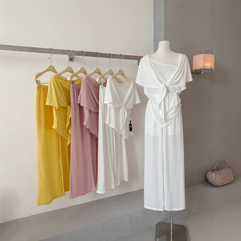Summer Light Makeup Style Set: Lyocell Pure Desire Drapey Off-Shoulder T-Shirt, Women's Casual Long Skirt with Shawl Three-Piece Set
