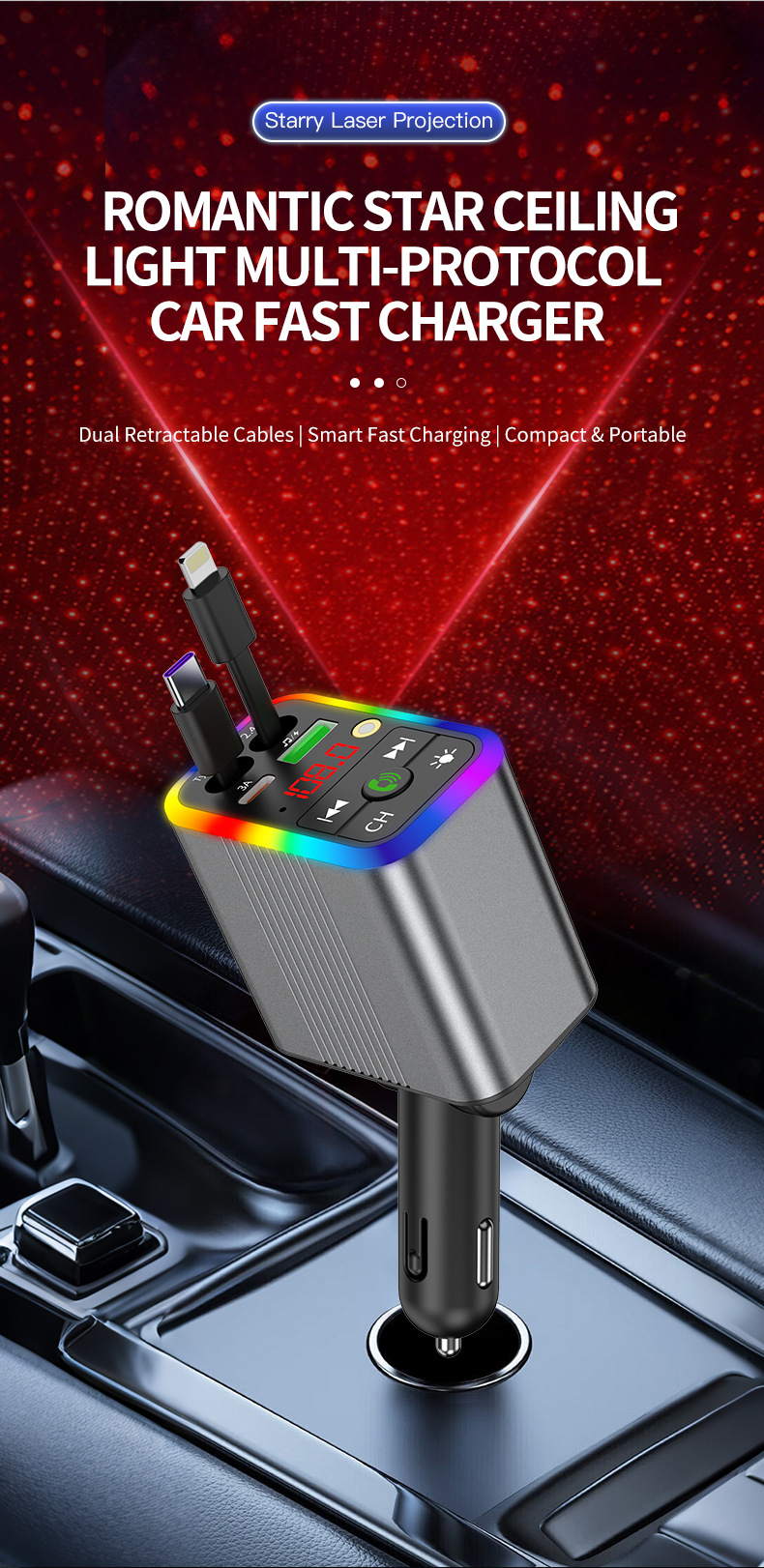R3 car charger, Bluetooth MP3 receiver, starry sky ambient lighting, built-in retractable cable, fast charging, cross-border supply