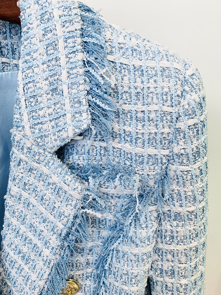 Damenbekleidung Herbst und Winter Zweireihige Flow Edge Tweed Mittellange Anzugjacke_voghion.com
