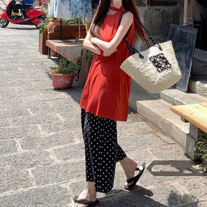 Fashion Suit Solid Color Sleeveless Vest Dress Women's Clothing 2026 Summer Polka Dot Wide-Leg Pants Straight-Leg Pants Two-Piece Set