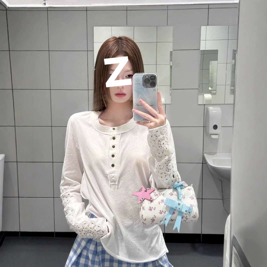 Hong Kong Style Chic White Half-Button Splicing Long-Sleeved T-Shirt for Women in Spring & Fall Slim Design Casual Versatile Top Trendy