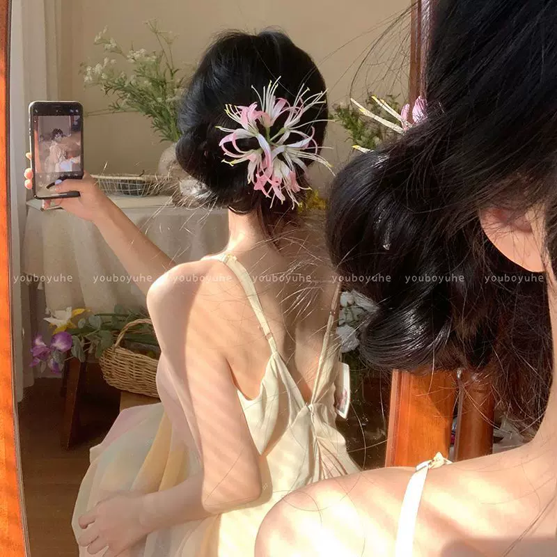 巨出片!新中式彼岸花发夹女森系超仙侧边刘海夹头饰2025新款发饰
