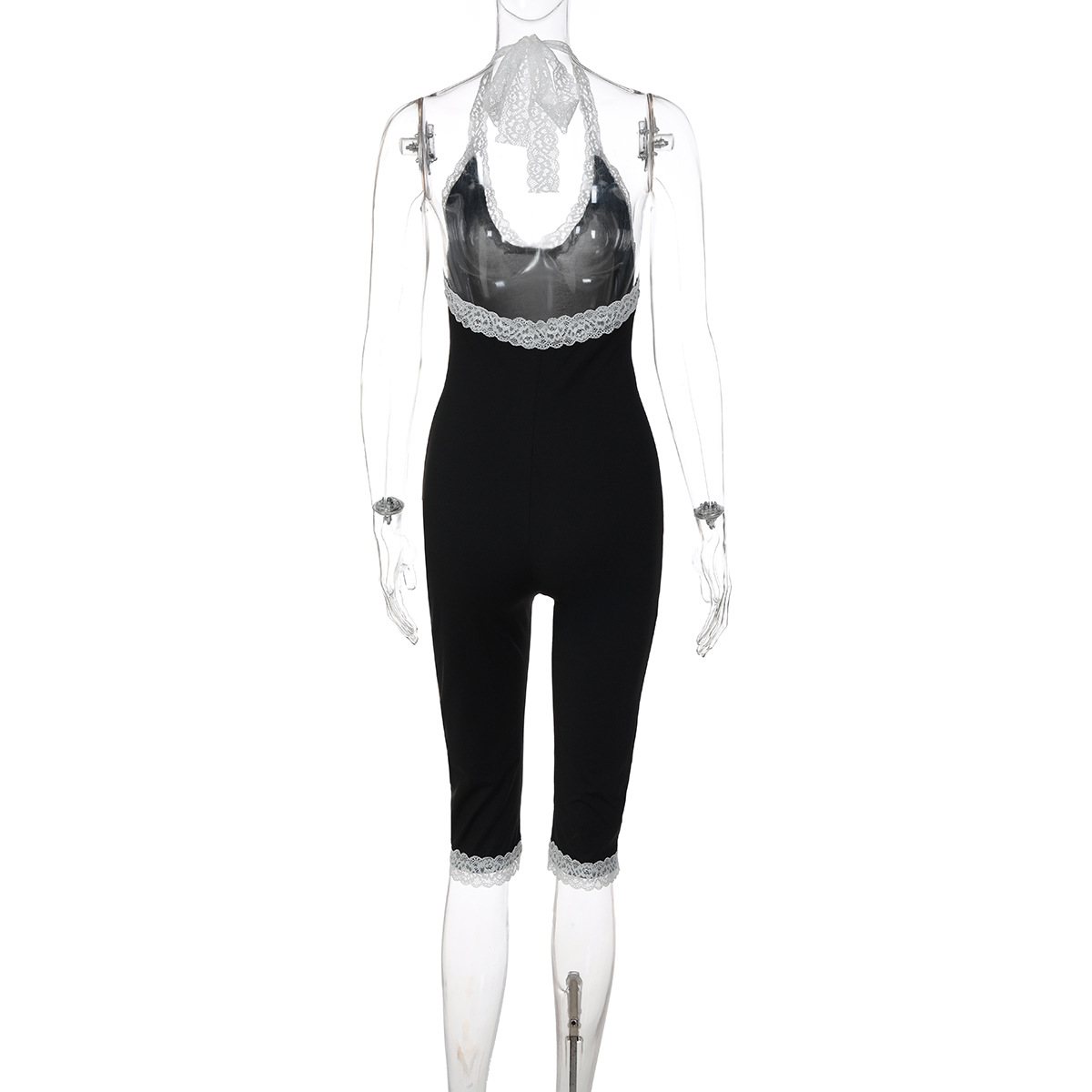 Women's Clothing Fashionable Sexy Lace Trim Slim Fit Back Hollow Out Tie Jumpsuit Summer New Arrival_ecoleips.com