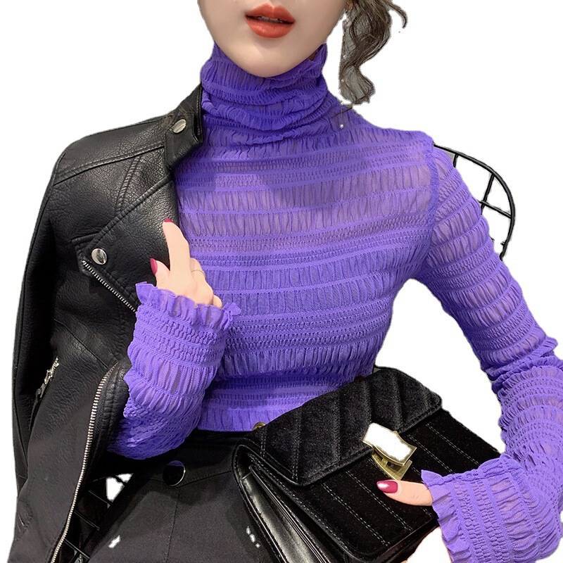 Turtleneck Mesh Lace Base Shirt for Women, New Stylish European-Style Exquisite Top for Autumn and Winter
