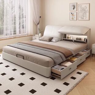 Simple Household Double Bed Double Master Bedroom Air Pressure Multi-functional Soft Bag Storage High-end Wedding Bed Italian Leather Modern