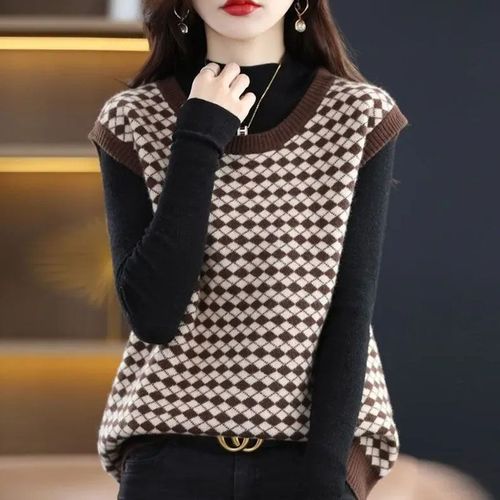 Women's Stylish Color-Block Casual Top with Crew Neck | Autumn Fashionable Checkered Vest | Knitted Base Sweater