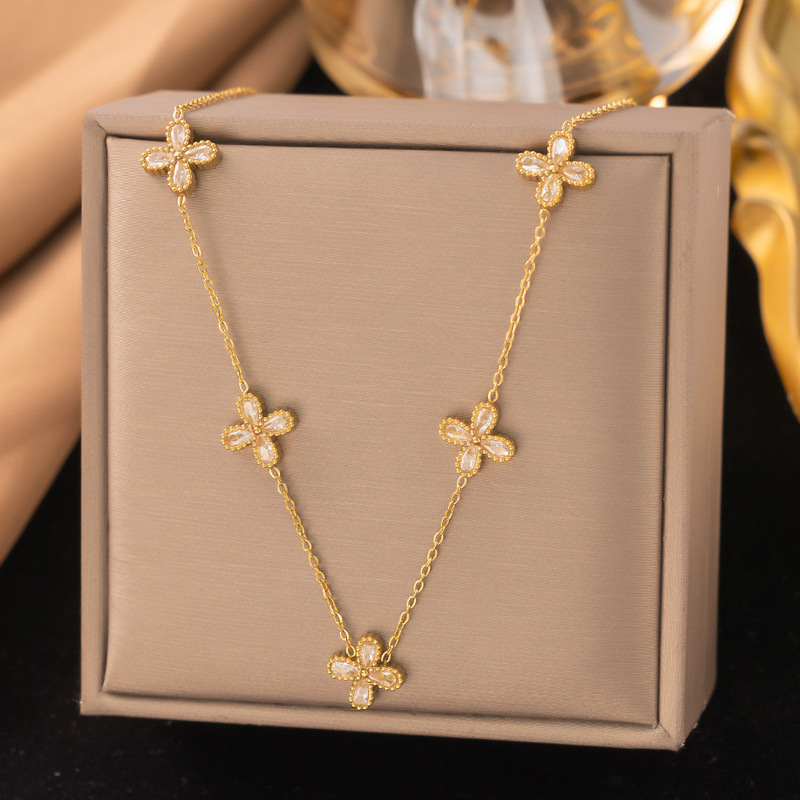 European and American Ins Trendyy Accessible Luxury High-End Inlaid Zircon Titanium Steel Four-Leaf Clover Necklace Bracelet Earrings Jewelry Set for Women European and American Ins Trendyy Accessible Luxury High-End Inlaid Zircon Titanium Steel Four-Leaf Clover Necklace Bracelet Earrings Jewelry Set for Women